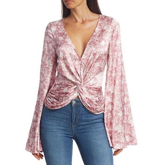 Caroline Constas Womens Romy Blouse Small Mauve Floral Silk V Neck Flared Sleeve - Picture 1 of 13